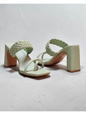 Woven Strap Block Heel Sandals Sage Green Square Toe Slip-On Design Womens Footw